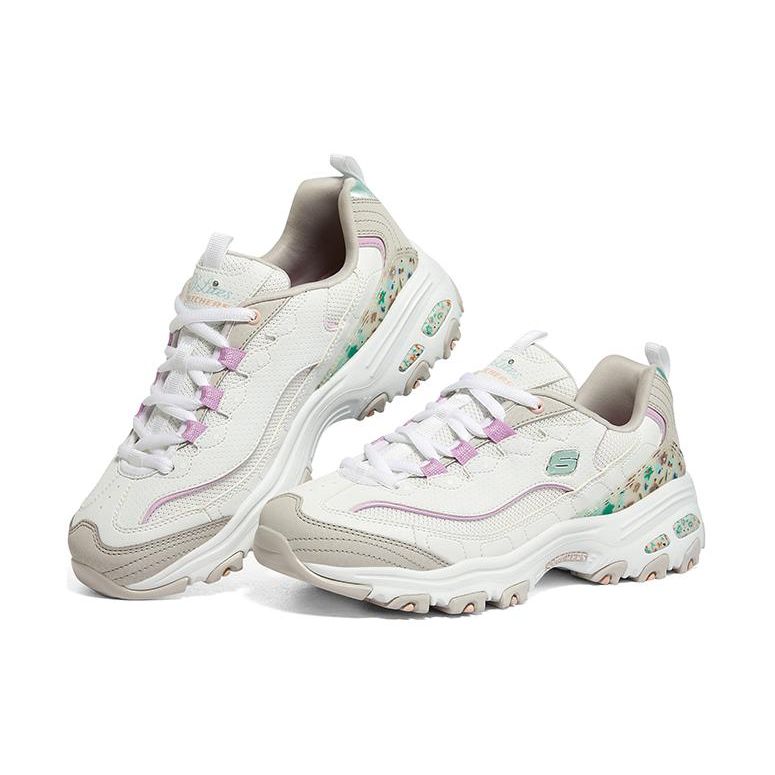 Skechers DLites 1.0 Кожаная Сетчатая На шнуровке Низкие Папины Кроссовки Женские Кроссовки Белый Серый Розовый 149642-WMLT