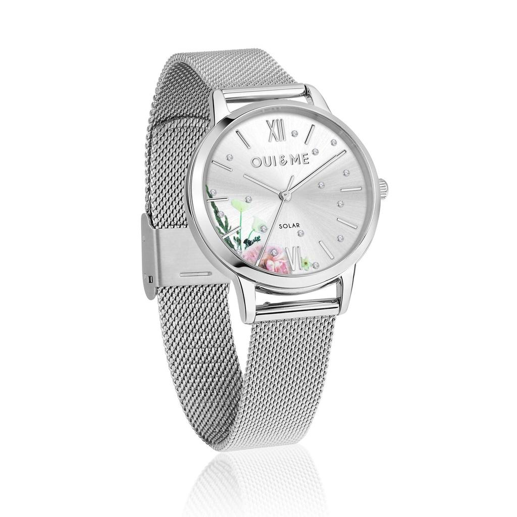 Oui & Me Fleurette Pink Leather Strap Silver Dial Solar ME010373 Women's Watch With Extra Bracelet