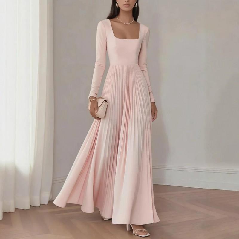 Elegant Square Neck Long Sleeve Waist-Cinched Pleated Maxi Dress Women 2026 Fall Formal Occasion