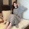 Women's Yarn-Dyed Stripe Cashmere Pajamas - Long-Sleeved Loose Nightdress for Autumn/Winter