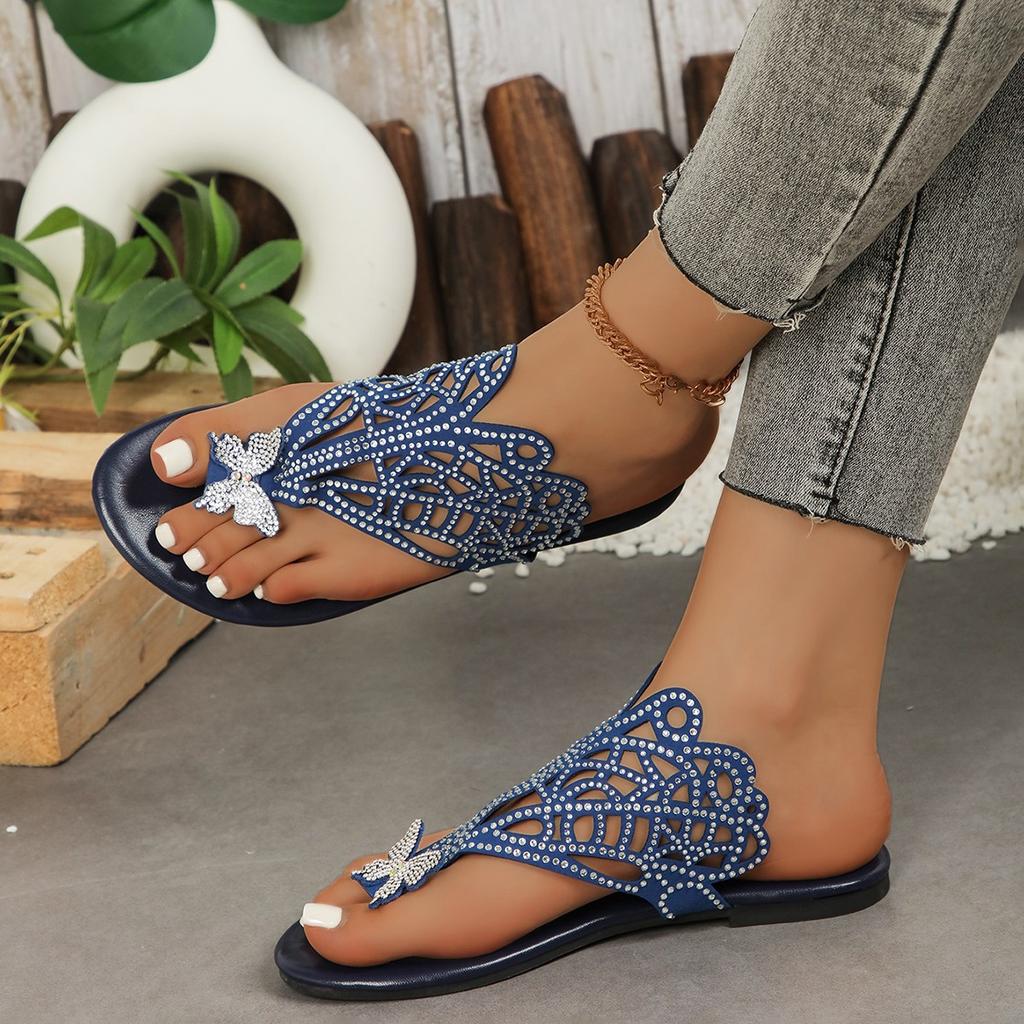 Woman Butterfly RhinestoneFlat Slippers  Luxury Designer Sandals Casual Bottom Slippers Summer Women Sandals Shoes for Women