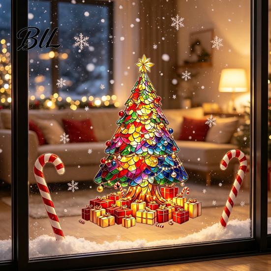 Reusable Holiday Window Film Stained Glass Style Christmas Tree Stickers, Removable PVC Static Cling Decals for Waterproof Seasonal Wall Art