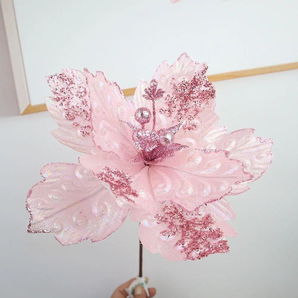 New 25CM Artificial Silk Flower Silk Sequin Fabric Flower Arrangement Ins Style Pink Decorating Flowers Christmas Tree