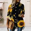 Women Plus Size Black Sunflower Printed Collared Long Sleeve Button Front High Low Curved Hem Shirt