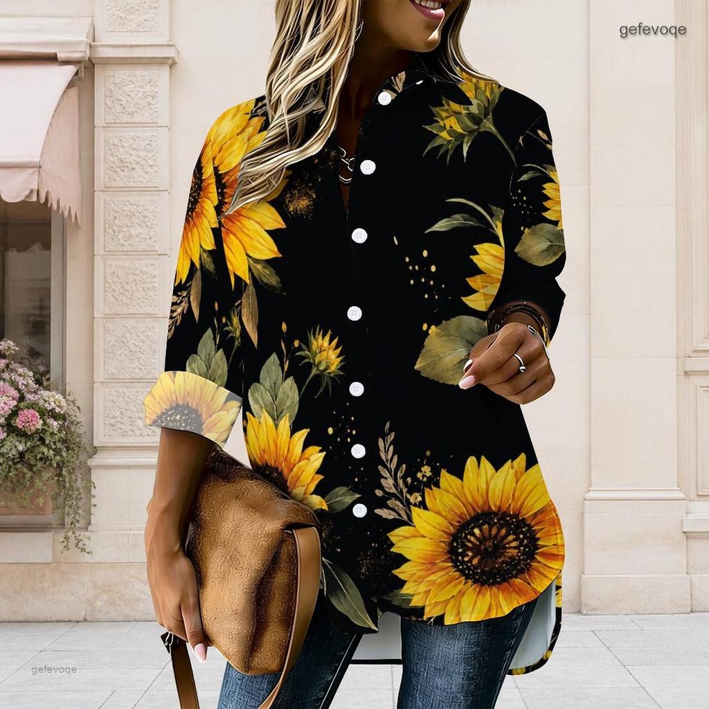 Women Plus Size Black Sunflower Printed Collared Long Sleeve Button Front High Low Curved Hem Shirt