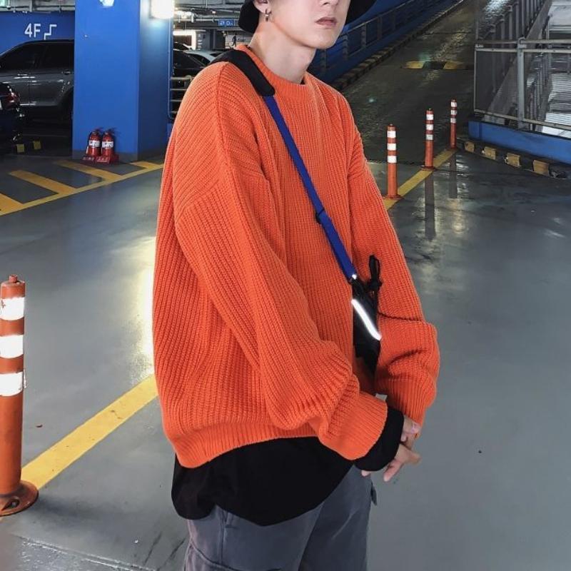 Мужские осенне-зимние свитера с круглым вырезом, винтажные топы в стиле Харадзюку, модные однотонные пуловеры, уличная одежда