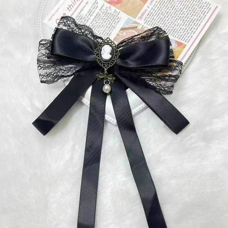 Fabric Black Lace Bow Pearl Brooch Elegant Women Shirt Collar Pins Corsage Mourning Brooch Jewelry Brooch Hair Clip Dual-Purpose