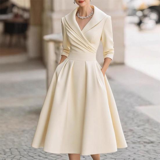 Women's Lapel V Sleeve A Line Neck Work Dress Long Swing Dress Formal Business