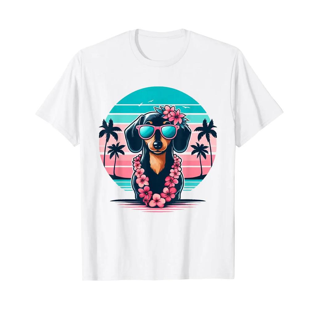 Retro Hawaiian Dachshund Dog Tropical Floral Summer Vibes T Shirt Vintage Fashion Graphic Homme Stretched Slightly