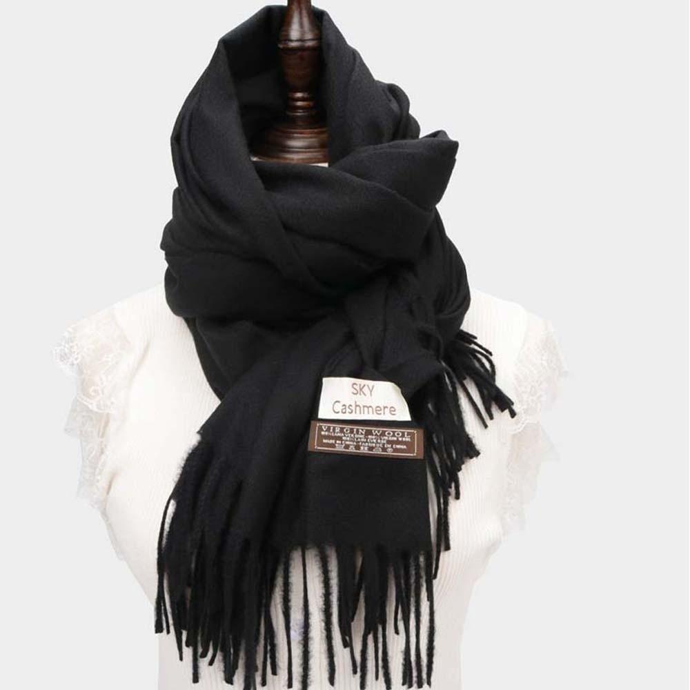 Soft Classic Wool Scarf Windproof Long Neckscarf with Tassel Cold-proof Solid Color Shawl Outdoor