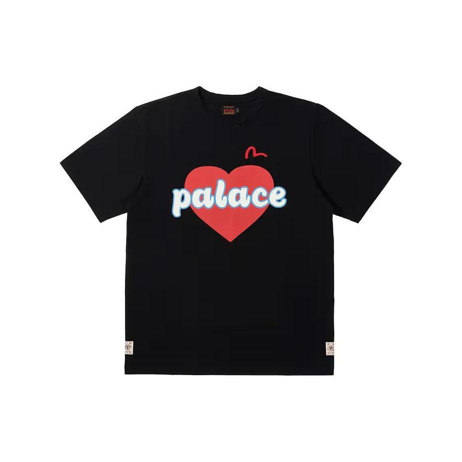 Palace Совместная брендовая футболка X Evisu 3.0 SS23, однотонная футболка с логотипом и сердечным принтом, с короткими рукавами, топы унисекс, черный P24EVES005