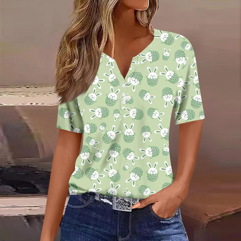 Women's Casual Print V-Neck Short Sleeve Decorative Button T-Shirt Top