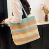 Bohemian Style Strip Weave Bag Beach Handbag Hollow Tote Bag Casual Rainbow Beach Bag  Vacation