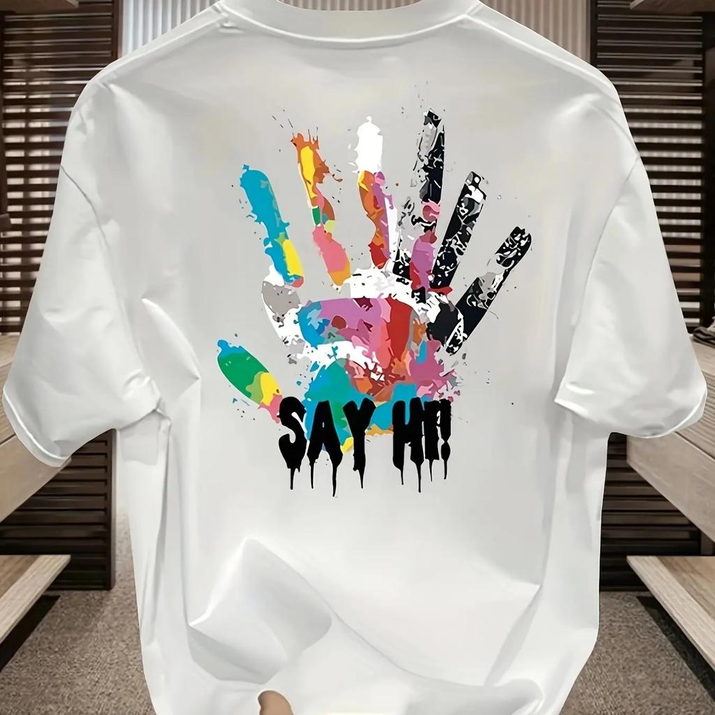 Unisexs Summer Cotton Fashionable Casual Sports Loose Large Size Color Handprint Round Neck Short Sleeve Tshirt Top
