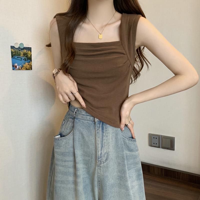 Модальный пикантный топ-майка с квадратным вырезом и сборками - Женский летний облегающий жилет