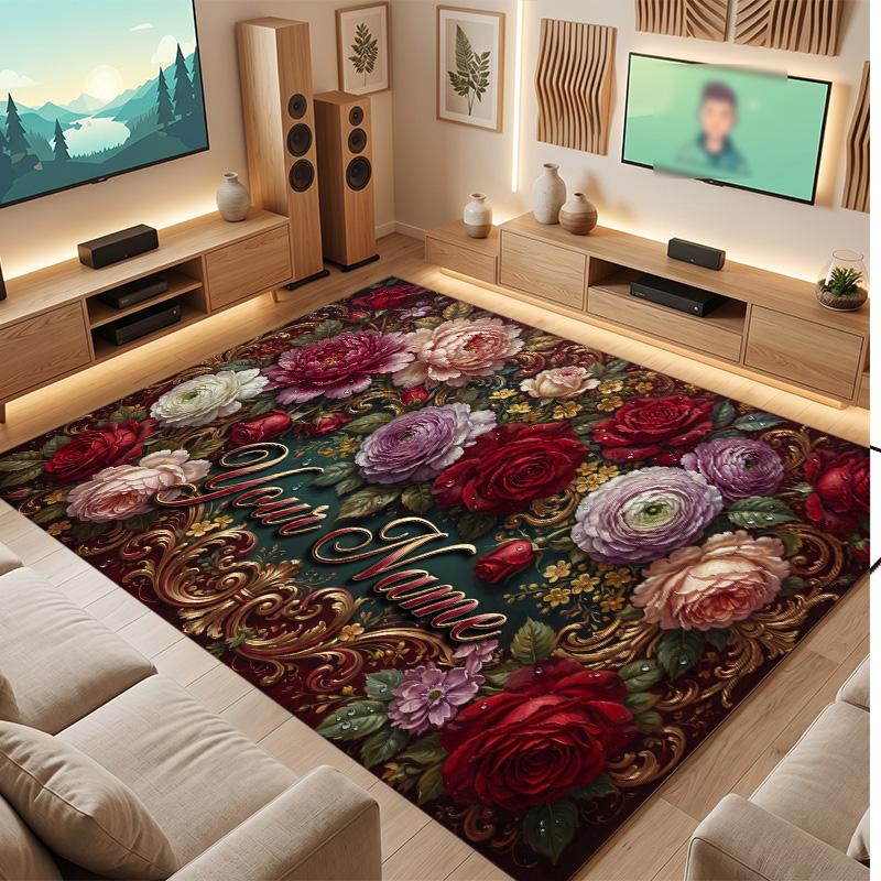 Floral Garden Theme Soft Crystal Velvet Rug Custom Name & Text Print Non Slip Floor Rug for Bedroom Living Room