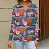 Women's Fashion Casual V-Neck Long Sleeve Decorative Button Christmas Print Top