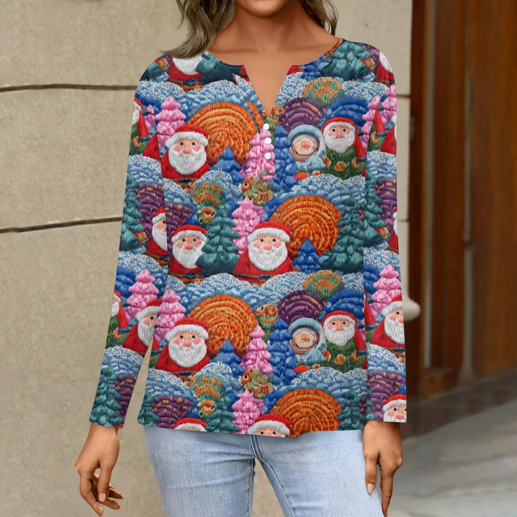 Women's Fashion Casual V-Neck Long Sleeve Decorative Button Christmas Print Top