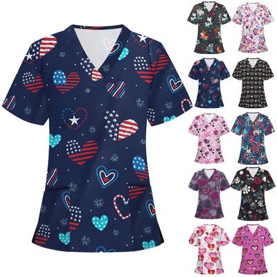 Женские топы с короткими рукавами и V-образным вырезом с мультяшным узором, футболка с рабочей униформой