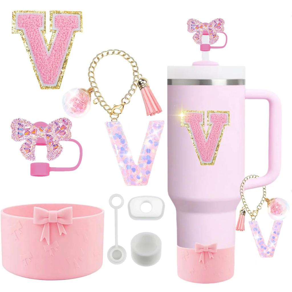 7PCS Pink Accessories for Stanley Cup 30/40 Oz Tumbler with Handle Bow Straw Topper Cover Cap Boot Initials Charm Letter Sticker