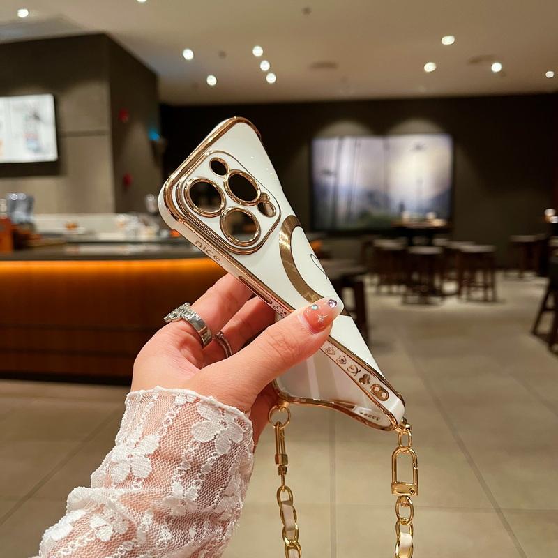 Для iPhone 17 16 Pro 15 14 Pro Max 13 Samsung S25 S24 Ultra S23 FE S22 S21 Чехол с гальваническим покрытием в виде сердца любви Для Magsafe Магнитный чехол для телефона с веревкой через плечо