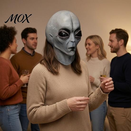 Unobstructed Breathing Alien Mask Halloween Grey Mask, Latex Full Head UFO Cosplay with Big Transparent Mesh Eyes, Soft Sci Fi Party Prop for Adults,