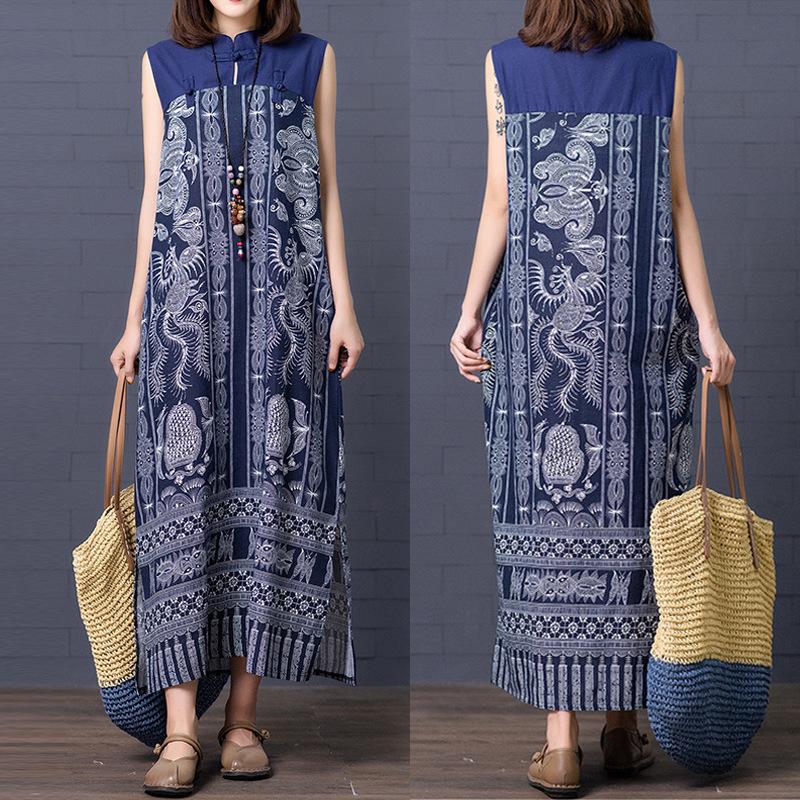 Настоящее лето новый этнический стиль печать хлопок и лен свободное платье без рукавов со стойкой и застежкой на пуговицы женское средней длины