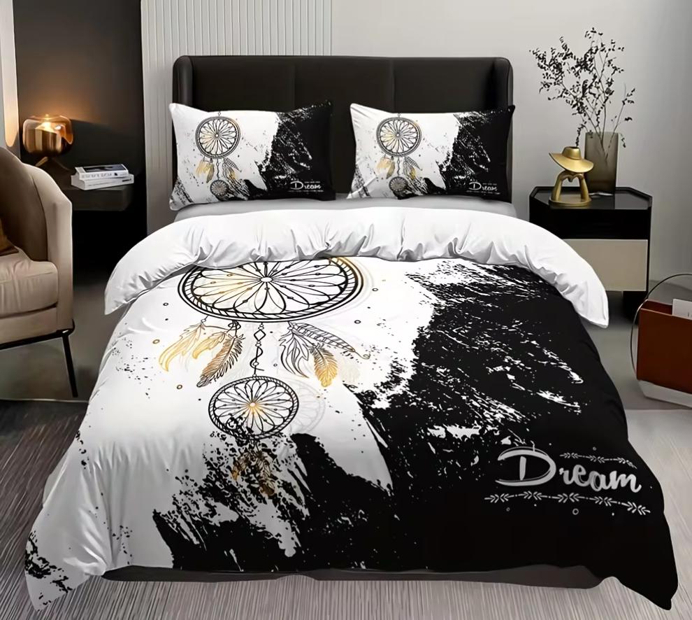 Chic Black & White Dreamcatcher Bedding Set-Breathable Soft Easy-Care 3-Piece Duvet Cover Pillowcases For All-Season Comfort