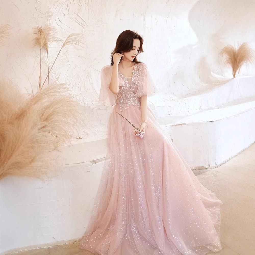 1 Art exam evening dress large size fat mm student performance host 50kg banquet temperament bridesmaid pink noble dress