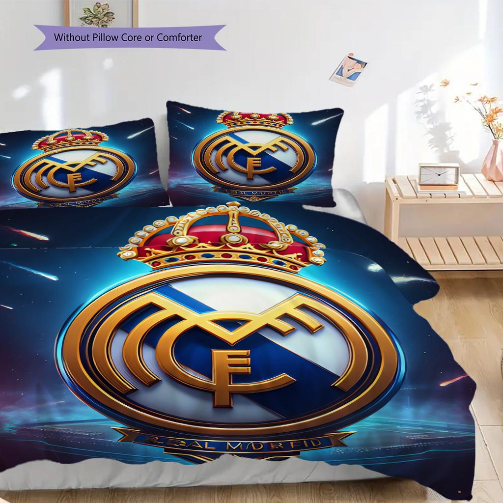 Комплект постельного белья с узором ФК Реал Мадрид Одеяло Покрывало Наволочка Домашний Декор Подарок на День Рождения (1 пододеяльник + 2 наволочки, без наполнителя)