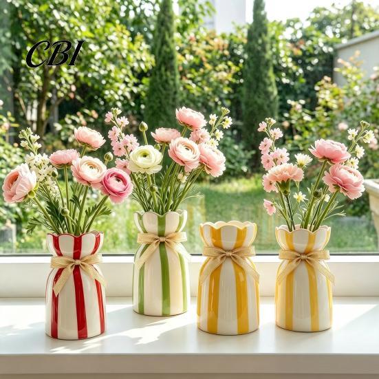 Ceramic Bud Vase Hand-Painted Vase, Minimalist Striped Floral for Fresh Hydroponic Plant Container Flowers, Pot Desk Window Sill Garden Colorful