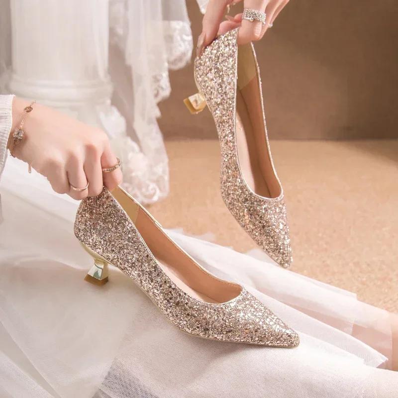 Crystal Wedding Shoes Female 2024 New Gold Bridesmaid High Heels Bridal