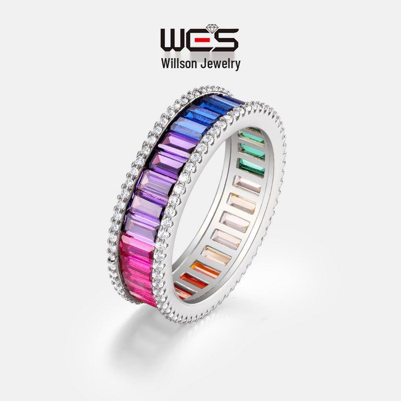 Cross-border S925 Rainbow Zircon Ring for Men & Women - Single Row Pave Gemstone, European & American Fashion Personality