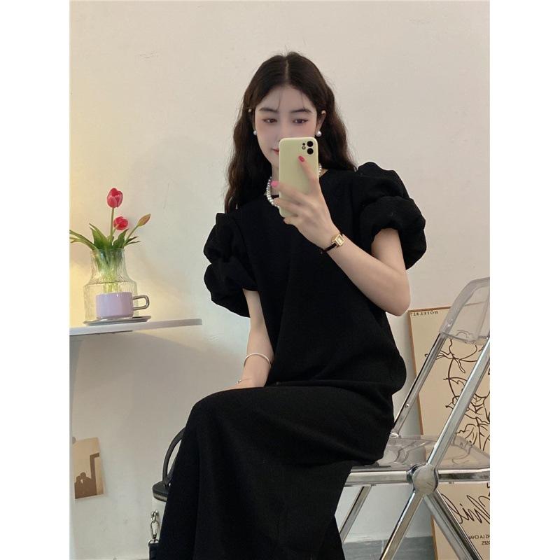 Puff Sleeve Dress for Women with Slightly Fat MM Large Size Summer New Style Waist-hugging and Slimming French Niche Design Long Skirt
