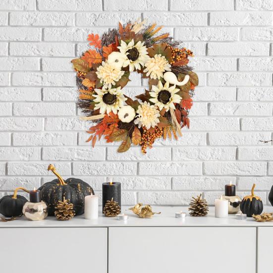 Искусственный осенний венок на входную дверь, тыква, подсолнух, кленовый лист, венок с хризантемой