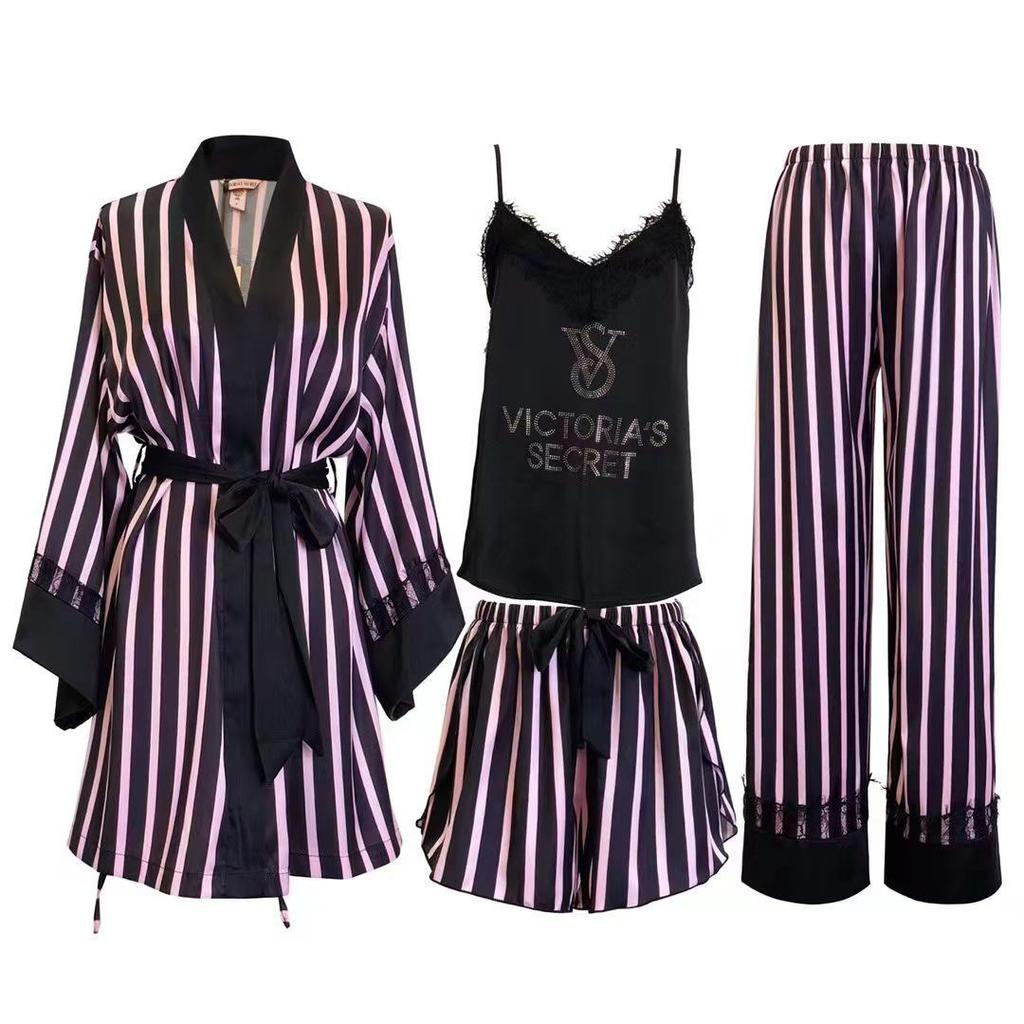 "Korean Striped Women's Seven-Piece Pajama Set for All Seasons"