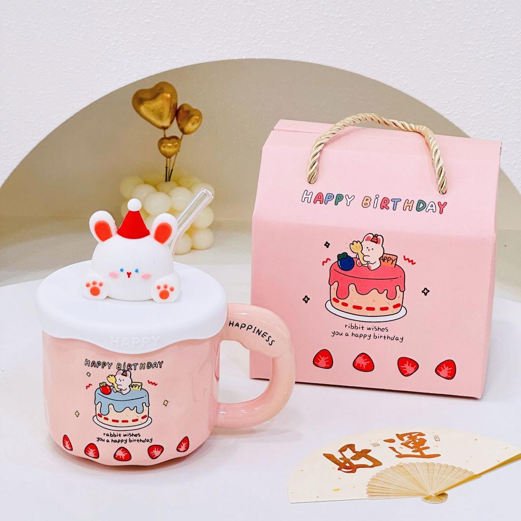 Mug Cute Cup with Lid Ceramic Breakfast Couple Coffee Cup Girl Creative Office Water Cup Straw Cup