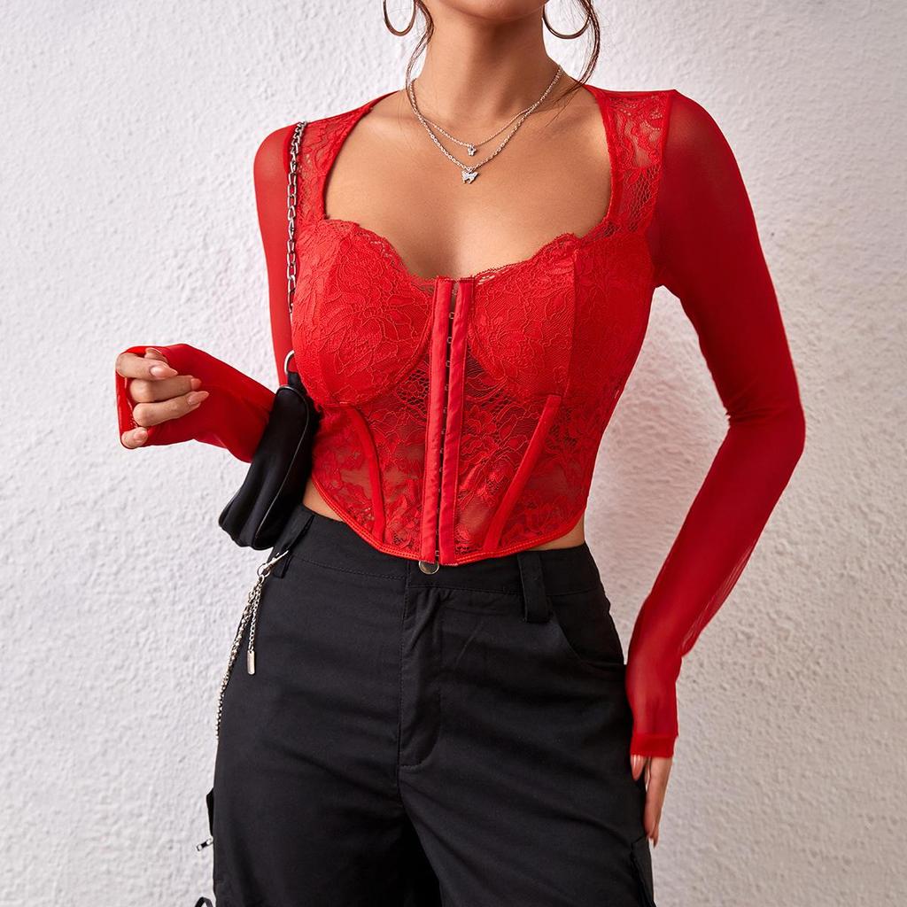 Новое сексуальное женское нижнее белье с кружевной сеткой и квадратным вырезом и длинными рукавами