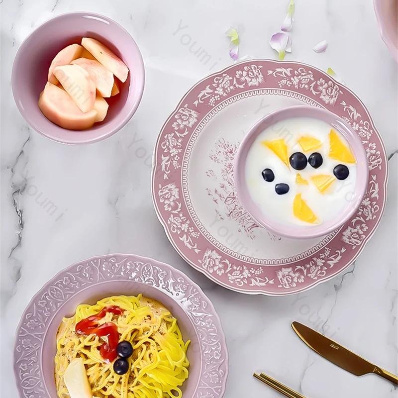 Высококачественные керамические тарелки во французском стиле, модные рельефные фиолетовые обеденные тарелки, бытовые суповые миски, миска для лапши рамен, посуда, столовые приборы