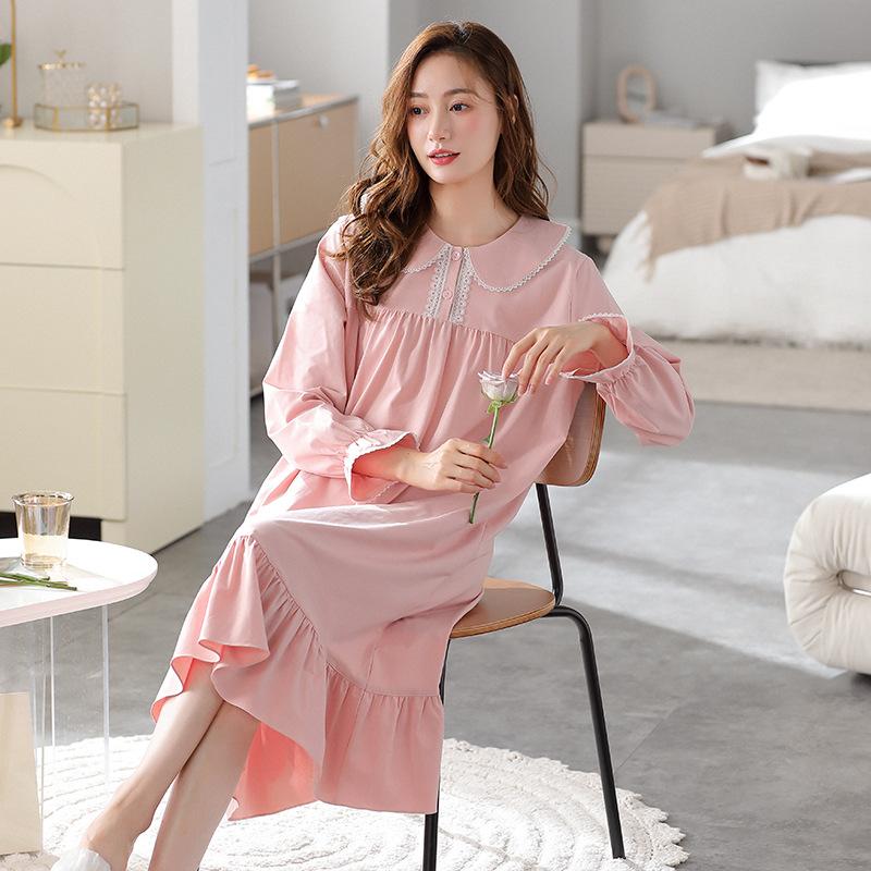 Ночная сорочка женская весенне-осенняя из чистого хлопка с длинным рукавом в придворном стиле длиной до колена, одежда для дома, осенняя хлопковая одежда для дома в стиле принцессы