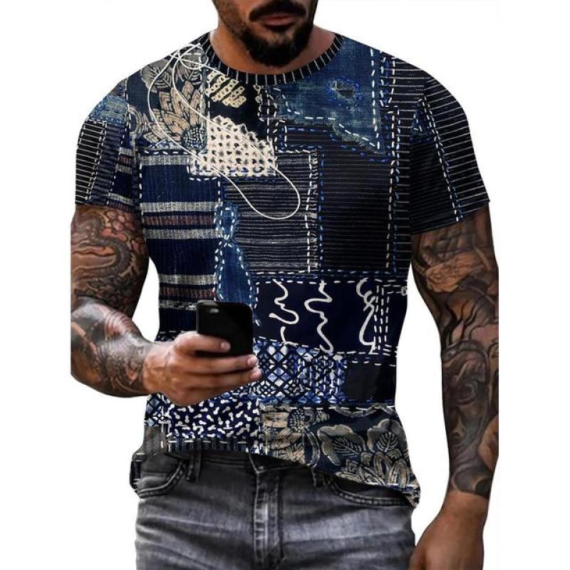 Vintage T-Shirt For Men Patchwork Denim Graphic Tee 3D Printing Short Sleeve Casual T Shirt Oversized Men's Clothing Tops Summer