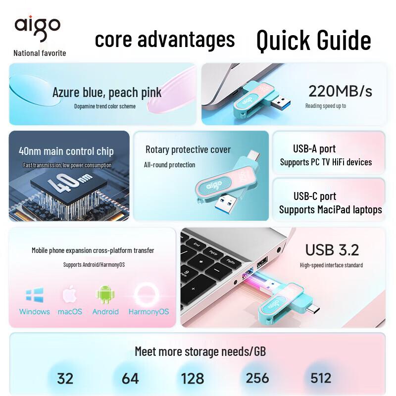 aigo U352 64GB Type-C USB 3.2 Dual Interface High-Speed Flash Drive