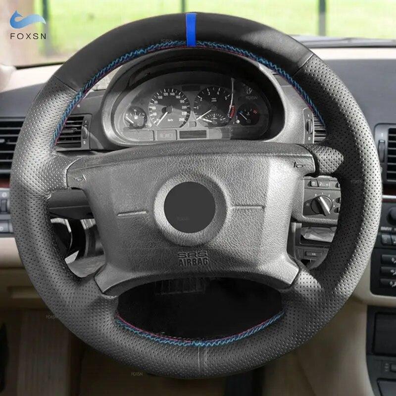 For BMW 3 5 Series E36 E46 E39 For X3 E83 X5 E53 Car Inner Steering Wheel Cover Trim Black Leather-red Blue Line with Blue Strip