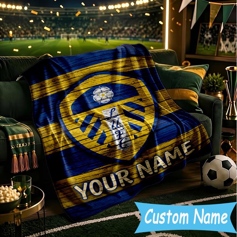 Custom Name Leeds United Crest Design Flannel Blanket, Use for Birthday/Holiday Gift, Soft Blanket for Sofa/Bed/Camping/Office, Home Decor