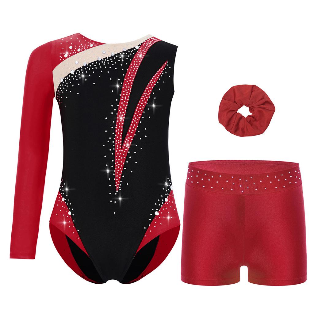 Girls Rhinestone Color Block Asymmetrical Leotard Round Neck Gymnastics Skating Outfit Set