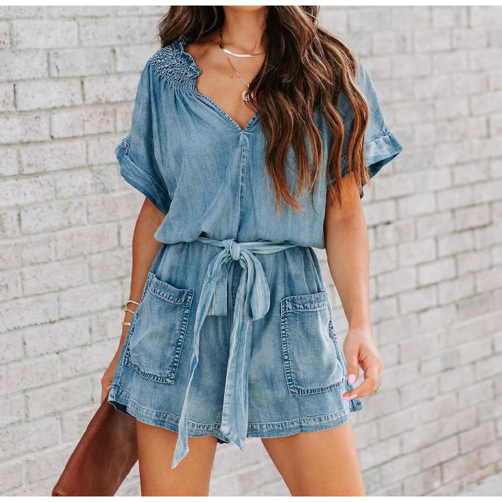 Женский винтажный джинсовый комбинезон, летний джинсовый комбинезон с рюшами и V-образным вырезом, широкими штанинами и поясом, с карманами