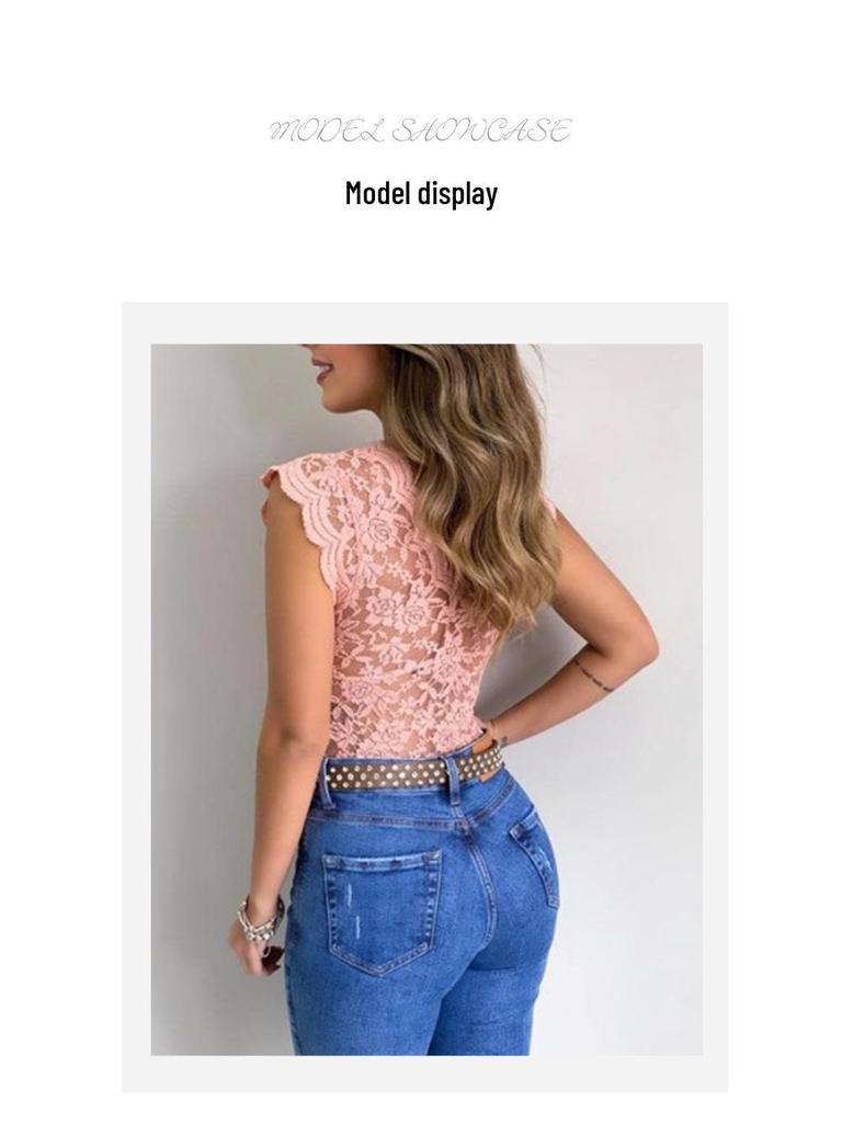 Кружевная футболка с V-образным вырезом и прозрачными вставками - Сексуальный топ (B3067)