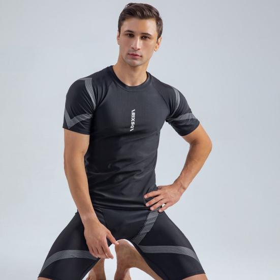 2 шт./компл., мужской купальник со средней посадкой и круглым вырезом с коротким рукавом и принтом, облегающая футболка, комплект для плавания, пляжная одежда