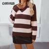 Autumn and Winter Women's Plus Size V-neck Knit Sweater Loose Retro Pullover Stripe Colour Block Sweater