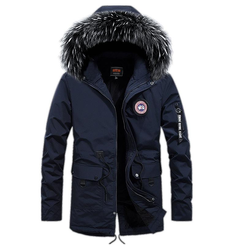 Осенне-зимняя теплая повседневная мужская куртка с хлопковой подкладкой для мужчин среднего возраста с утолщенным средним и длинным меховым воротником и хлопковой подкладкой